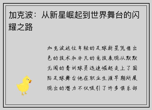 加克波：从新星崛起到世界舞台的闪耀之路